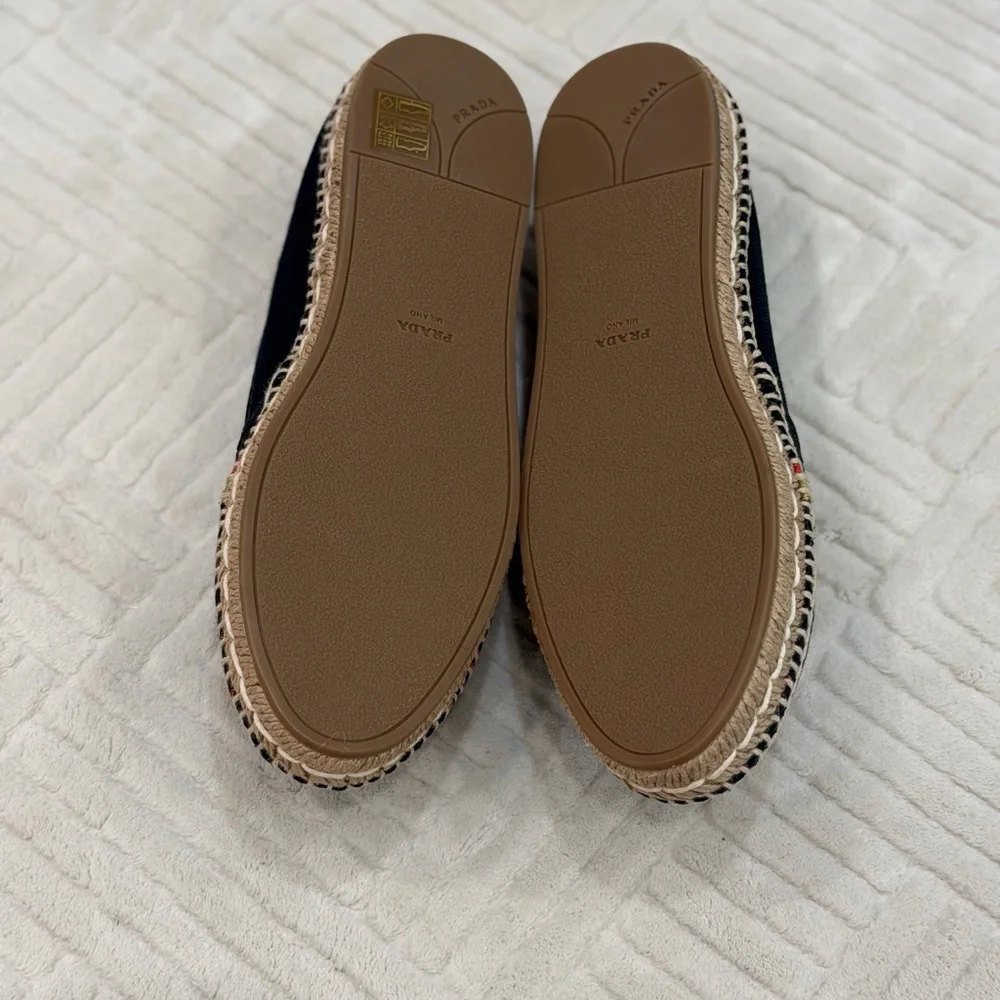 Prada Black Canvas Espadrilles with Gold and Red Logo Embroidery